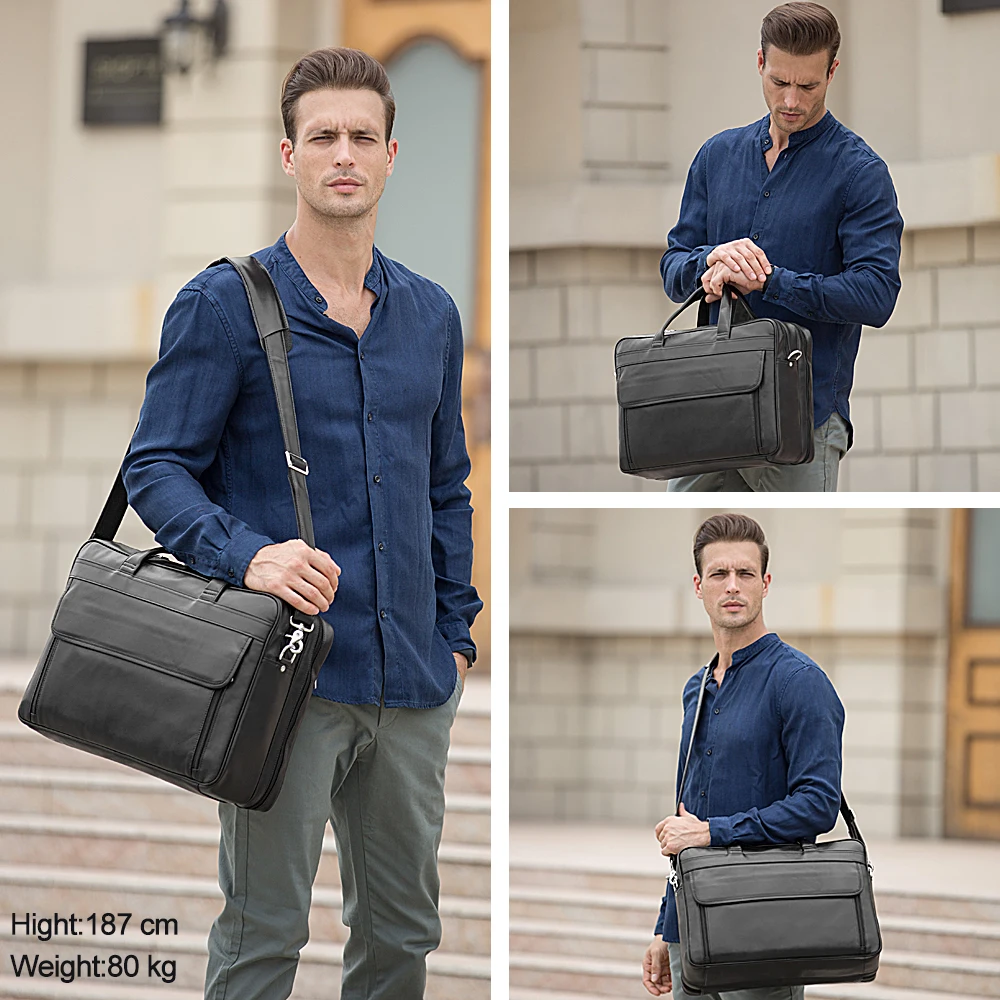 Tiding Fashion Top Grain Real Leather 17 Inch Laptop Briefcase Messenger Bag Black Men Genuine Leather Computer Briefcases