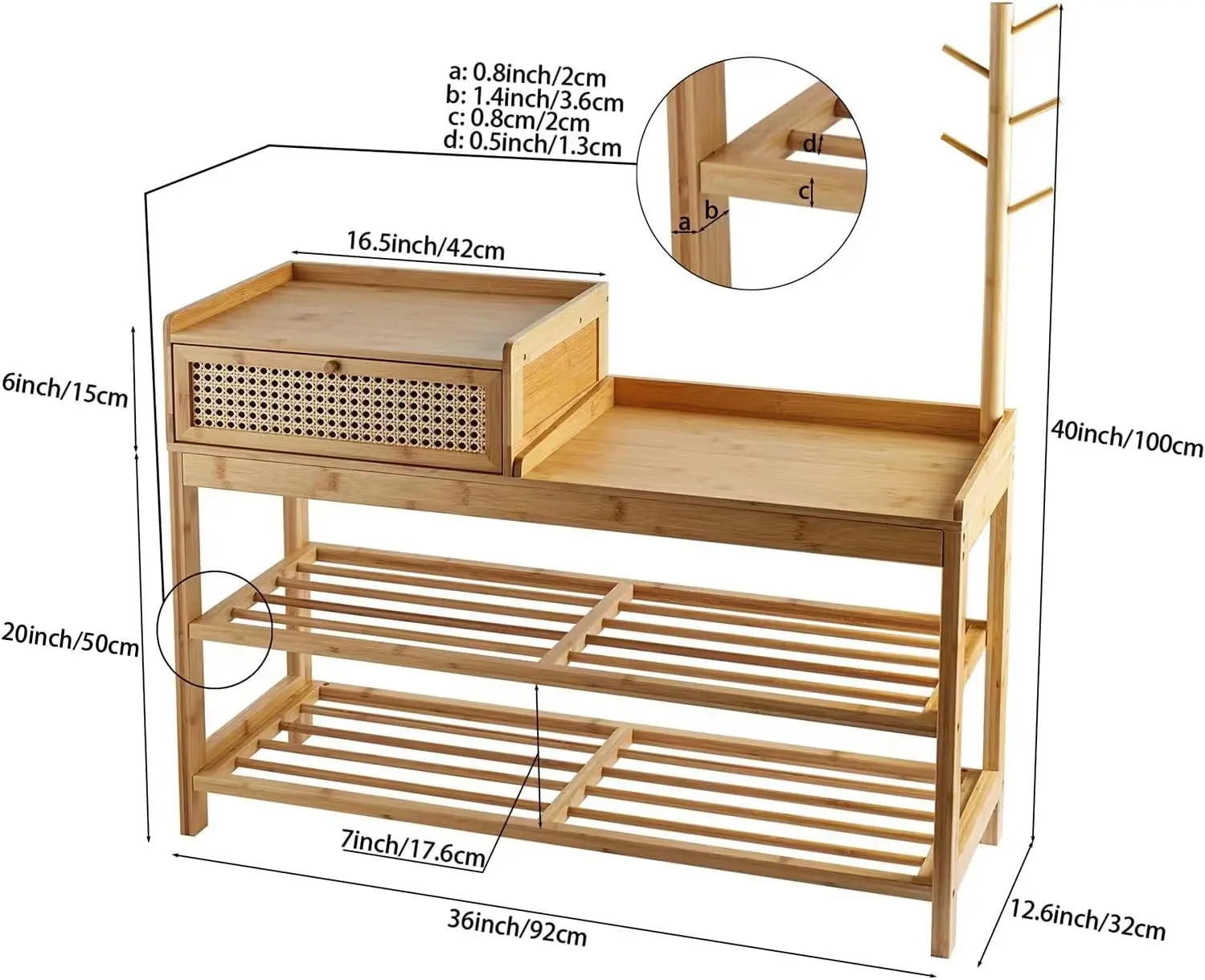 product freestanding wooden storage bamboo shoe rack cabinet organizer with coat tree and seat for bedroom and living room-2