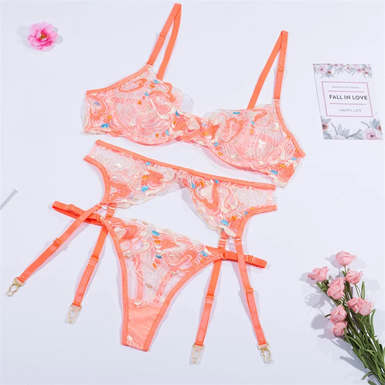 High Quality Transparent Three Piece Women Pink Lace Sexy Lingerie For
