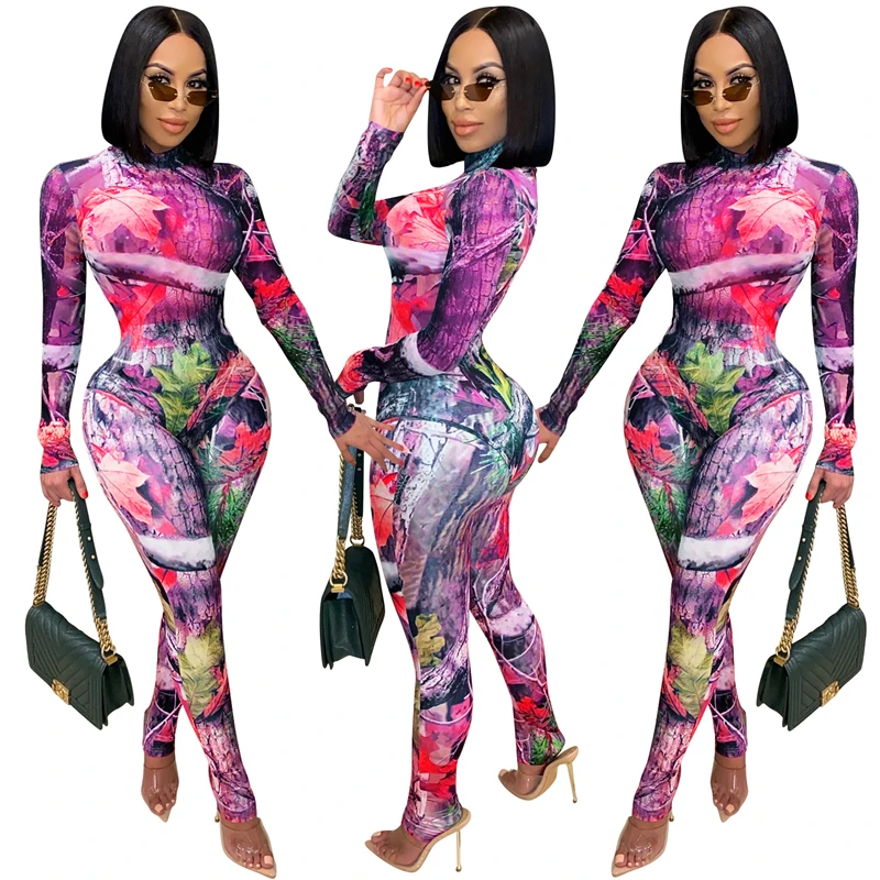2021 Women Apparel Casual Two Pieces Jumpsuit Outfits Leave Print Sexy Club Wear 2 Pieces Pants Set Brown BodySuit And Pants Set