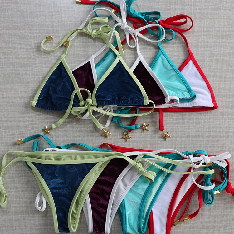 High Quality Velvet Fabric Micro Pattern Party Bikini Bra Set XXL Size Custom Tie Feature OEM Design Swimwear