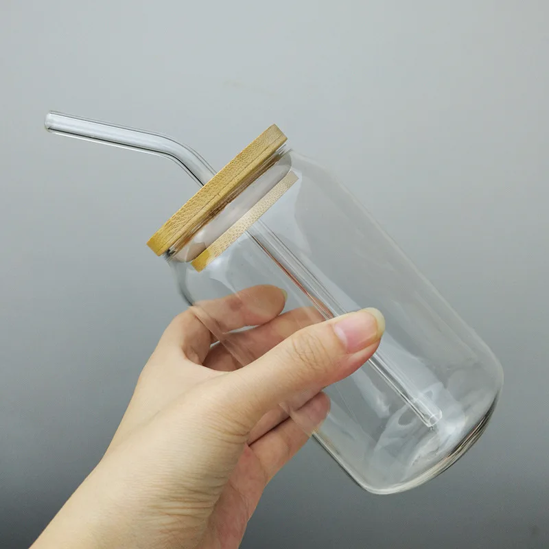 16oz puede tazas de vidrio tapa de bambú vaso de vidrio con paja