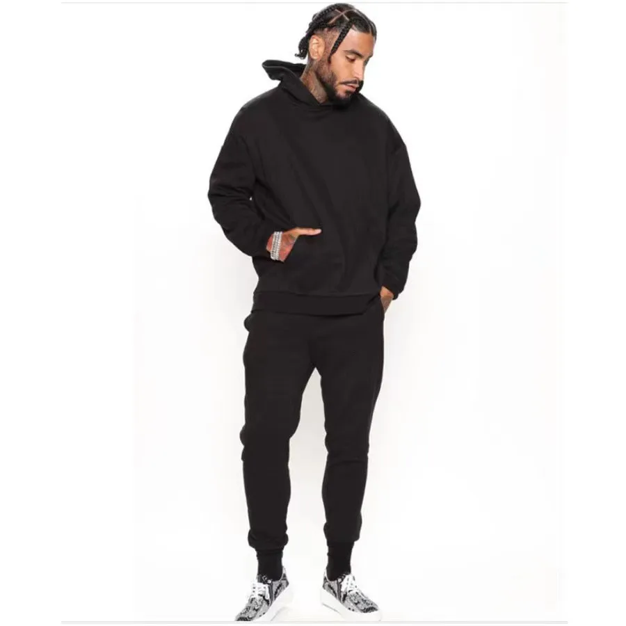 Trendy 2021 Solid Color Custom Two Piece Pants Set Men Blank Hoodie Sports Suits  Sweatshirt Wholesale