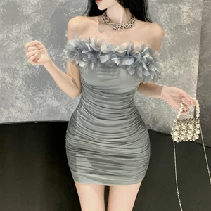 King Mcgreen Star Summer New Sexy One Shoulder Flower Splicing Solid Color Women Dress Fashion