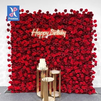 Promise Customize Red Roll Up Silk Flower Wall Backdrop Artificial Red Rose Flower Wall