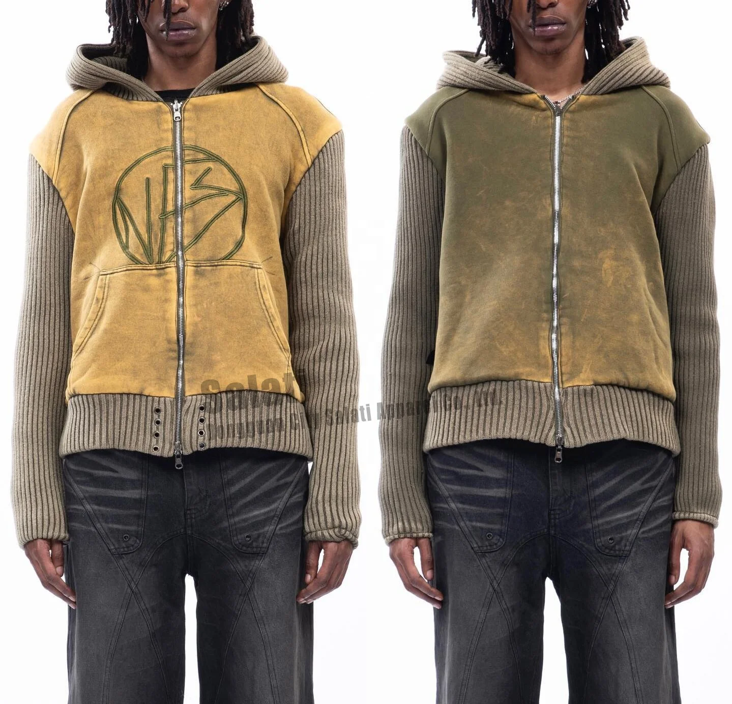 Custom Heavy Cotton Vintage Embroidery Logo Oversized Double Layer Patchwork Zip up Sun Faded Washed Distressed Hoodies for Men gallery 2
