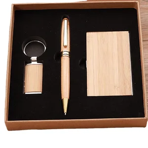 Bamboo Wood  Cover Notebooks Customized Logo Gift Set Planner Pen Keychain Card Holder