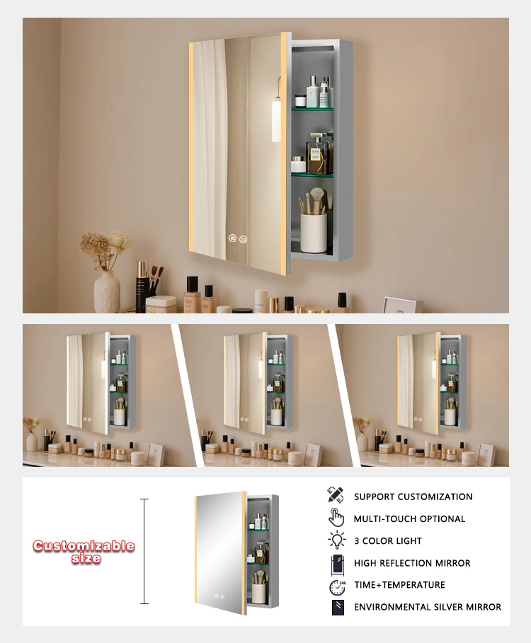 product led medicine cabinet aluminium wall mount bathroom mirror cabinet makeup touch switch led cabinet with mirror-4