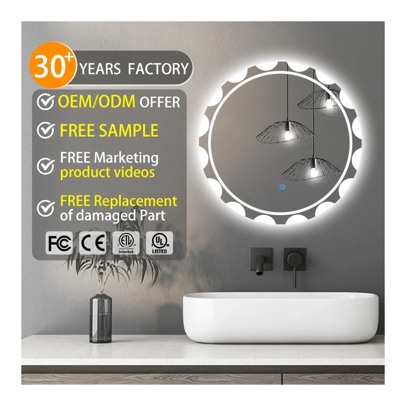 Led Smart Bathroom Mirror Manufacturer Illuminated Makeup Round Mirror with Led Light Custom logo Support  Pattern for Hotel