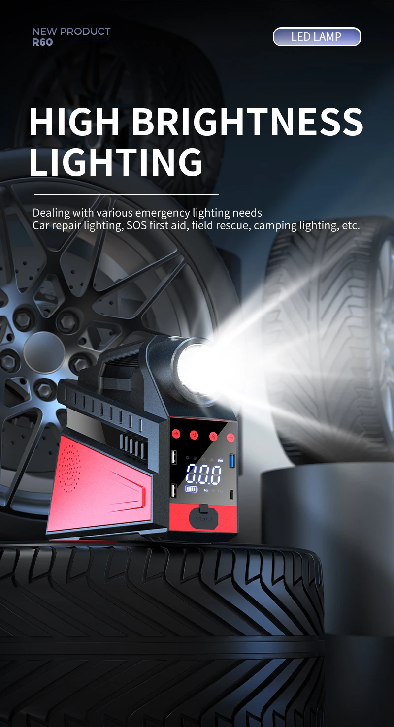 New 4 in 1 Portable Emergency Jump Starter Tyre air Pump with Power Bank air Compressor Car Inflator with LED Light