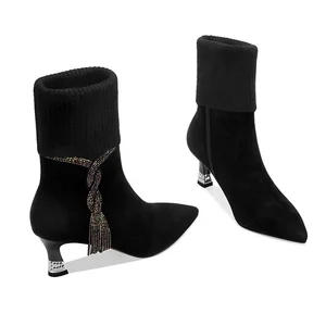 OEM/ODM Customizable Women's Autumn  Rhinestone Tassel Knit Cuff Boots Elegant Pointed Toe Ankle Boots with Hollow Metal Heel