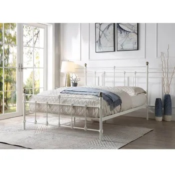 European Style Queen Bed Frame King Size Wrought White Iron Bed Steel Frame Metal Beds