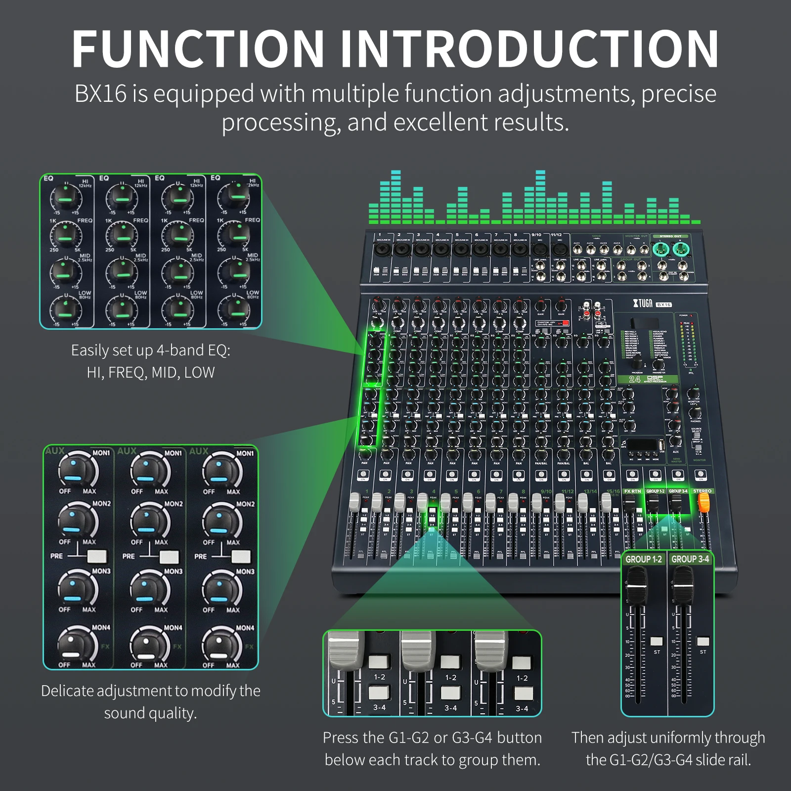 XTUGA BX16 - 16 Channel Professional Audio Mixer with Effects