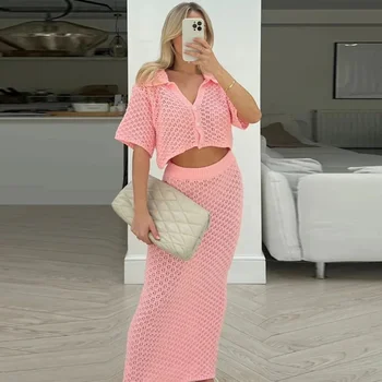 2025 New Summer Crochet Knit Dress Set Multicolor Button Dress Versatile Multicolor Cardigan Casual Short Tops Solid Skirt