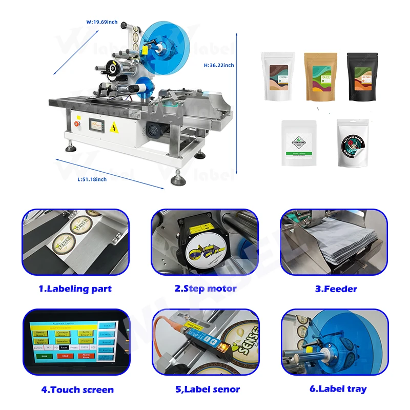 Automatic Feeder Label Applicator Sticker Flat Bag Mylar Pouch Desktop Doypack Pouch Card Top Labeling Machine