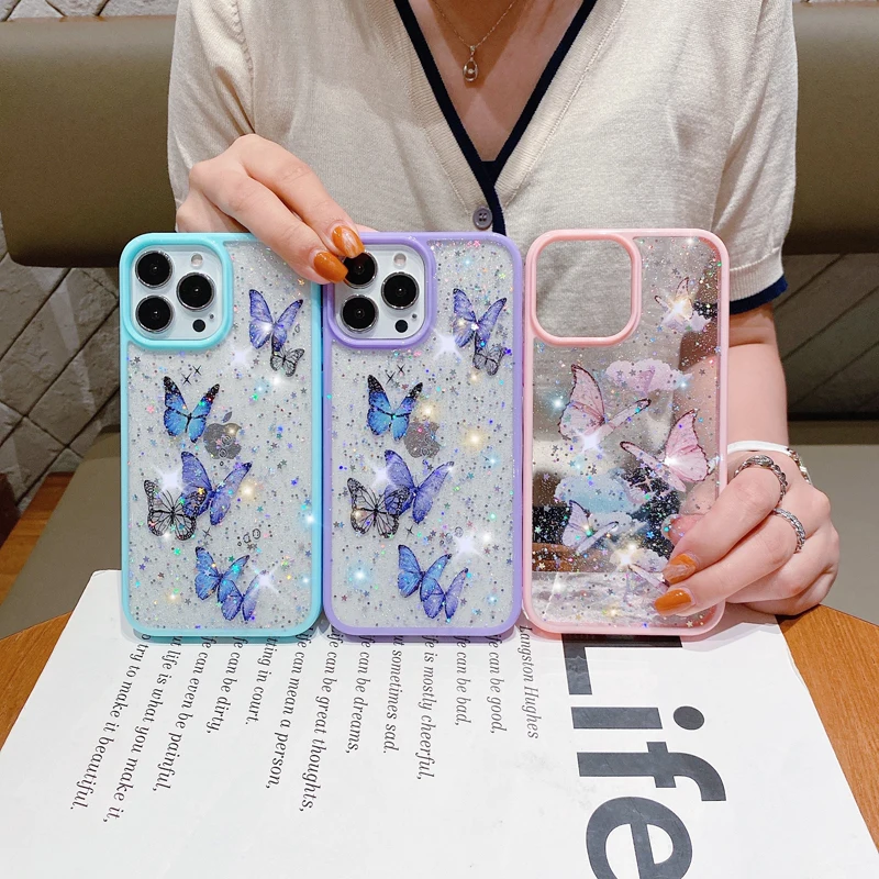 Bling Phone Case for iPhone 16 15 14 13 12 11 Pro Max Mini Girls Cute New Laser Epoxy Star Glitter Butterfly Phone Cases