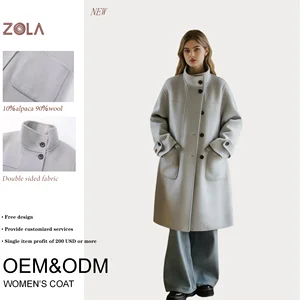 Factory Price 10% Alpaca 90% Wool Double Sided Stand Collar Light Gray Women's Long Warm Winter Coat (OEM ODM)