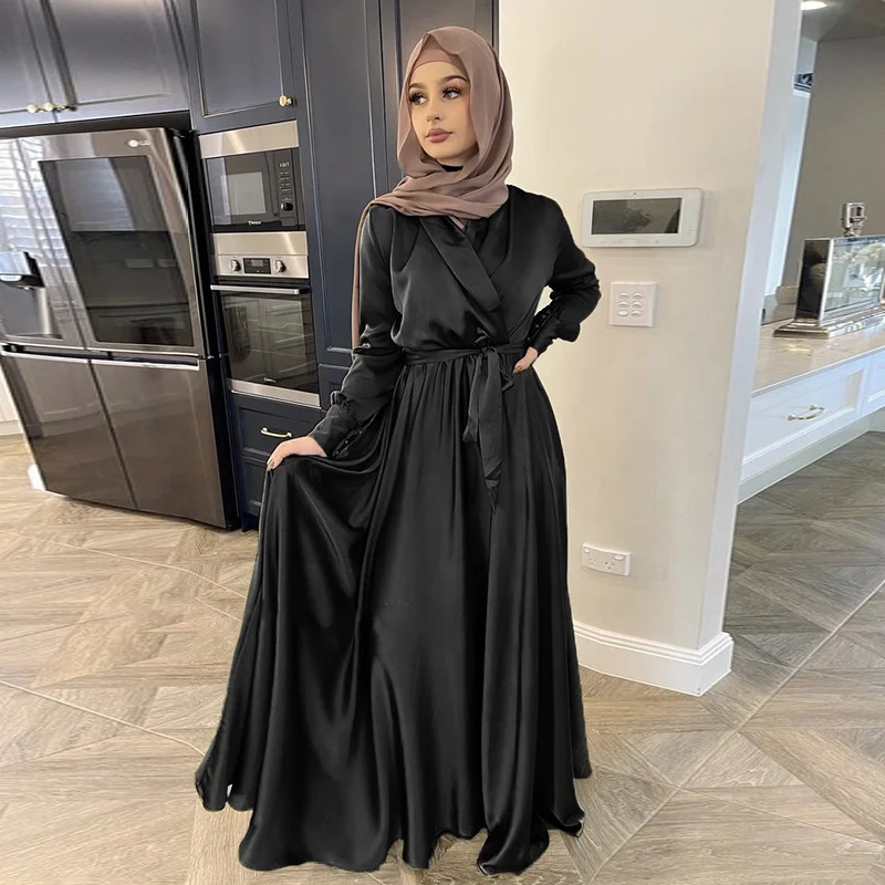 Drop Shipping Muslim Long Sleeve Satin Maxi Dress Solid Color Modest Abaya  Islamic Clothing Turkey Lace up Belt Muslim Dress