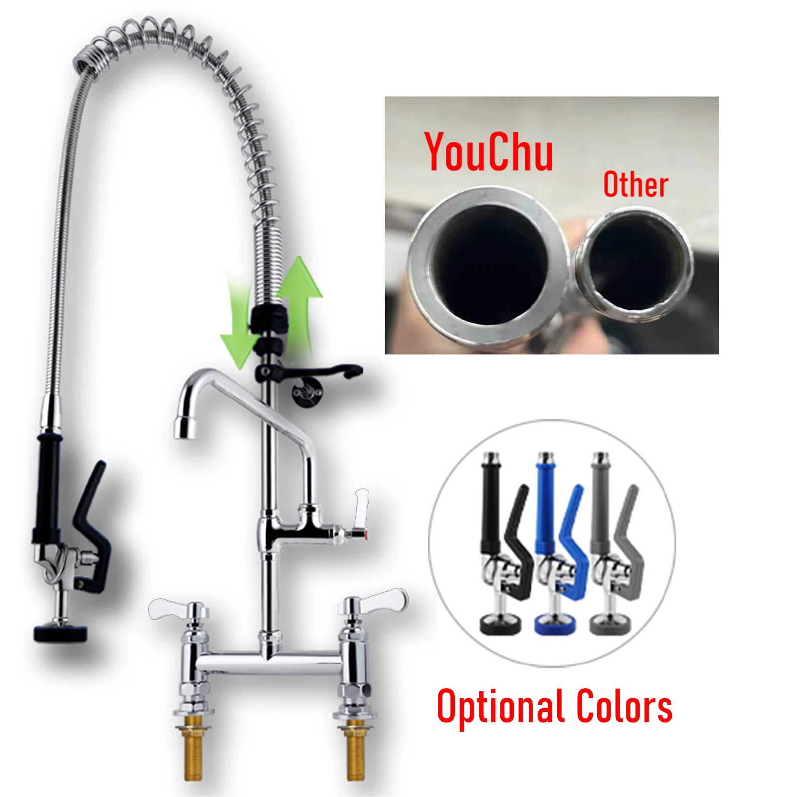 Dual Handle Commercial Industrial Kitchen Faucet Sprayer Short Type Pre-Rinse Hot Cold Water Stainless Steel Wall Mount 2 Holes