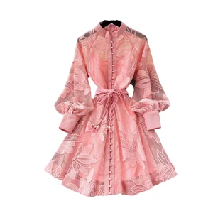 Solid Color Elegant Long-Sleeved Casual Dress Ruffles Casual Daily Dress for Spring Button Decoration Digital Printing Nonwoven