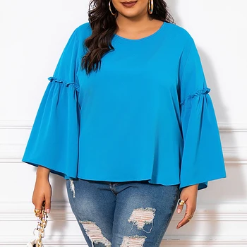 2024 Elegant round Neck Bell Sleeve Long- Sleeve Plus Size Women's Blouses & Shirts for Summer Autumn Spring Leisure Vacation