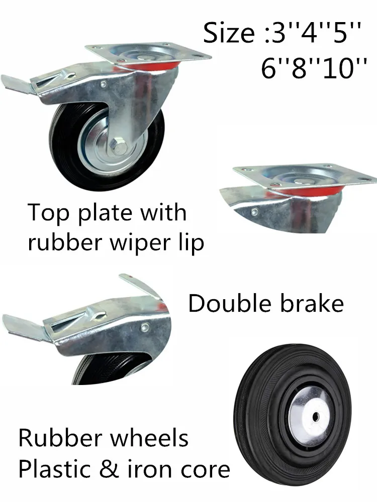 Wholesale Zinc Plated Black Solid Rubber Tire Silent Swivel Locking Brake 3 Inch Rubber Wheel Casters for Industry Application