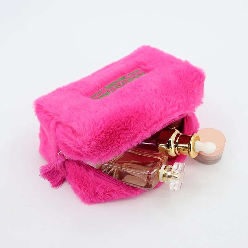 product fashion large capacity cute quilted makeup bag soft faux fur travel cosmetic organizer with zipper closure letter pattern-5