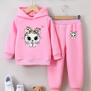 Autumn Winter Casual Toddler Girls Tracksuit Set Long Sleeve Hooded Top & Trousers with Cartoon Print 2pcs Clothes for Kids