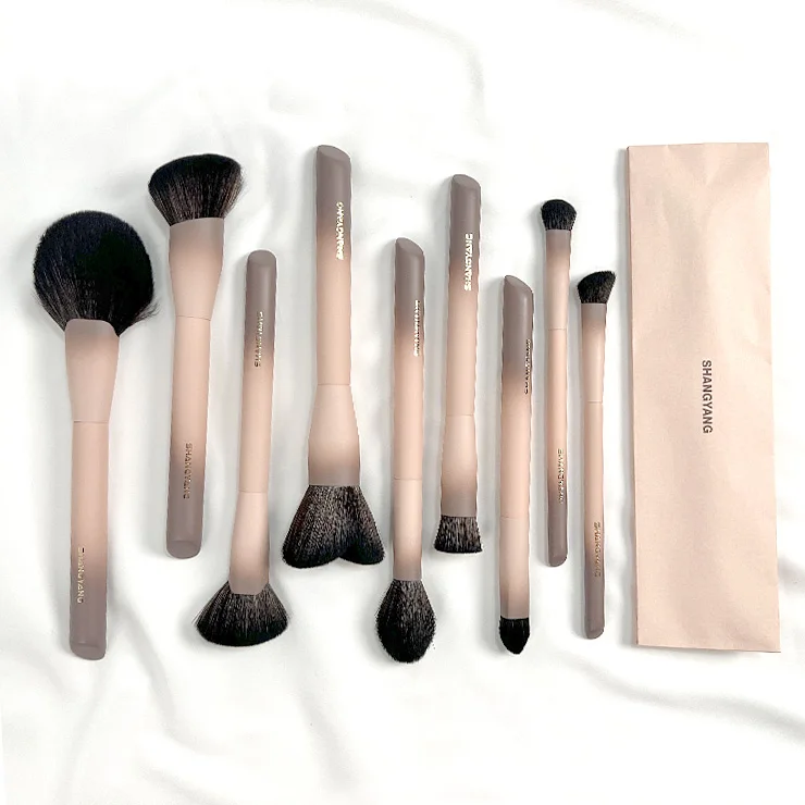 High Quality  Luxury Wooden Handle Make Up Brush 9Pcs Kit Private Label Custom Cosmetic Tool Professional Makeup Brush Set