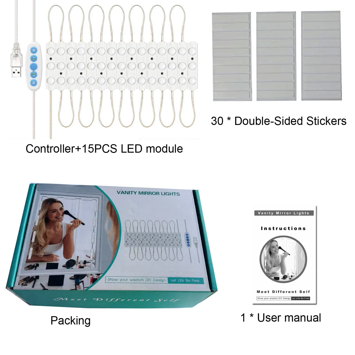 New 5 Color LED Makeup Module Mirror USB Mirror Light Strip Dressing Table  Light DIY Vanity Mirror Light