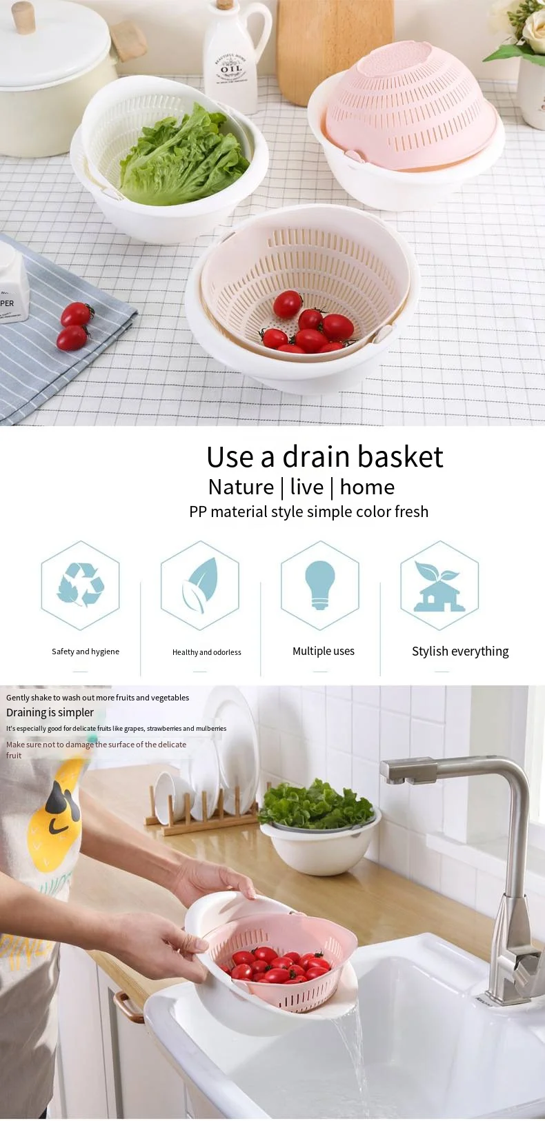 Household creative double washing basket drain basin can rotate plastic fruit basin kitchen washing vegetable filter basket factory