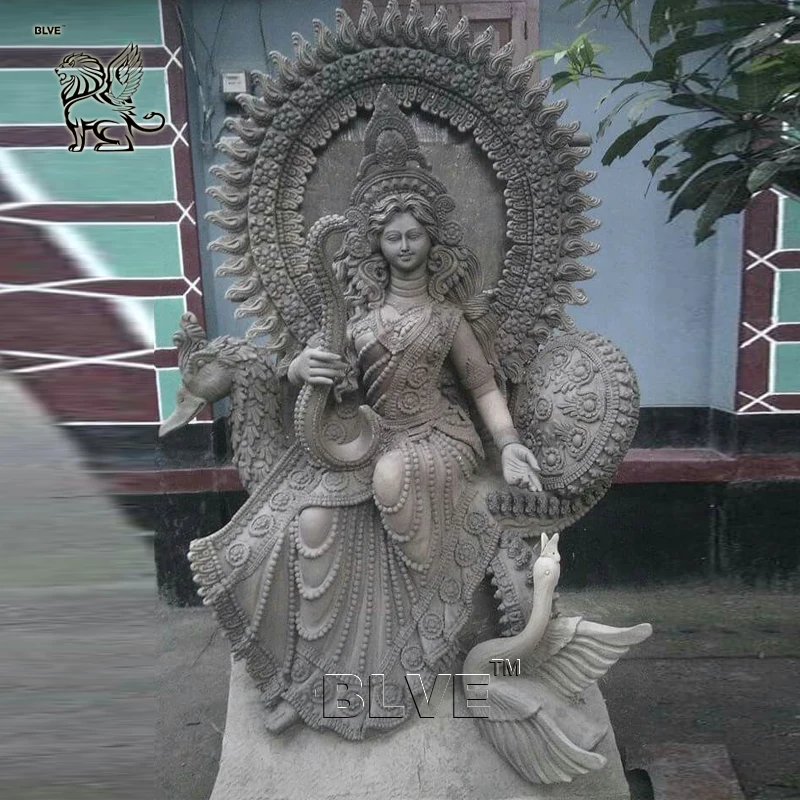 BLVE Outdoor Garden Handcarved Hindu Goddess Sitting Lotus White Marble Saraswati Statue for India