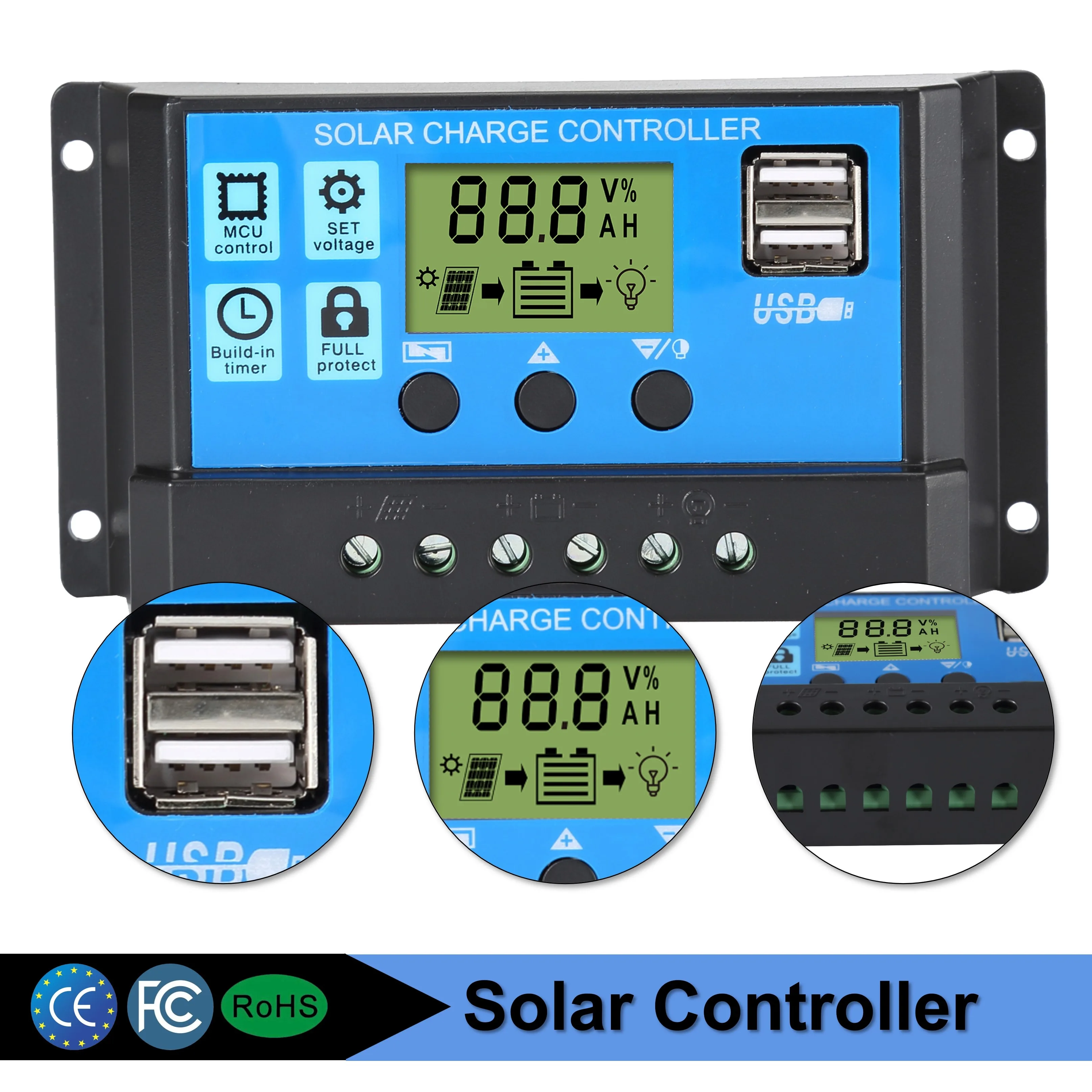 LCD 30A Solar Panel Battery Charge Controller Regulator Auto Adapt 12V/24V /USB 