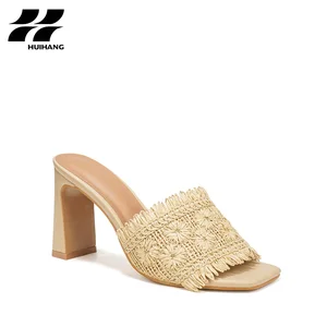 Women's Trendy Summer Block-Heel Mules Woven Raffia Sandals with Square Toe Hard-Wearing Height Increasing for Beach Party