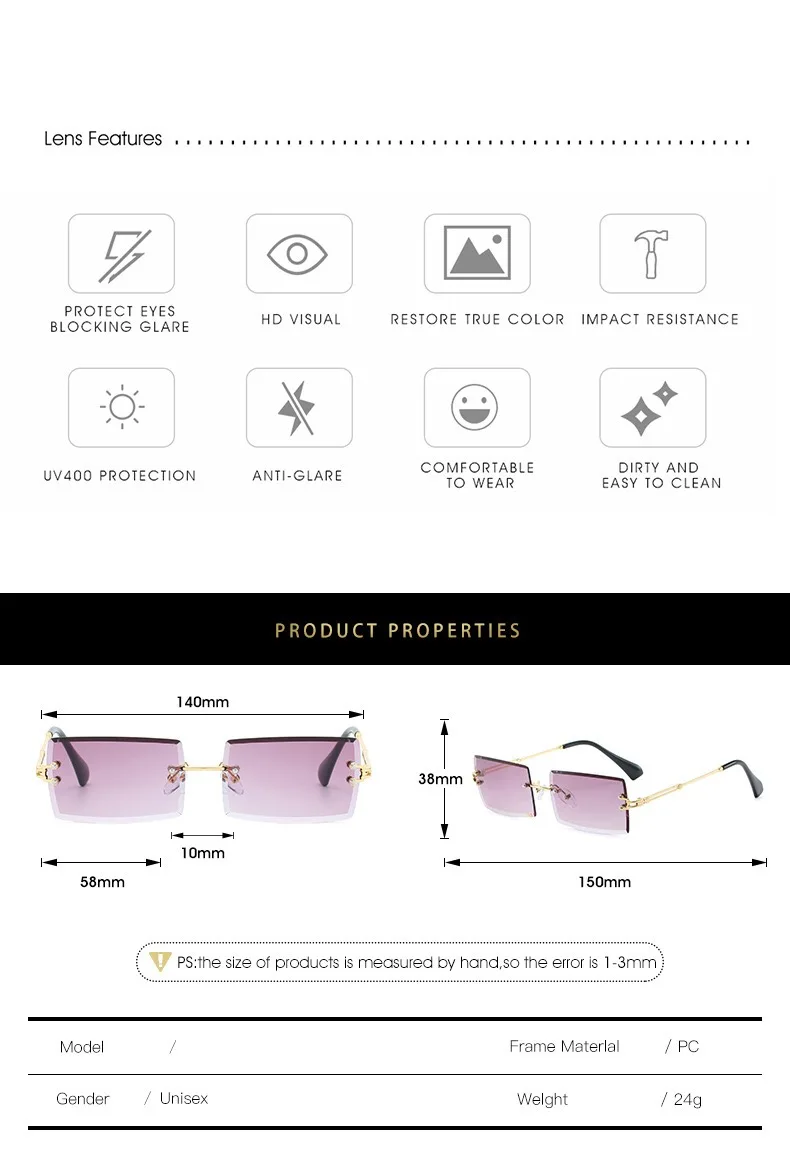 Fashion Alloy Material Glasses Retro Men's and Women's Outdoor Glasses General Trend Rectangular Rimless Sunglasses