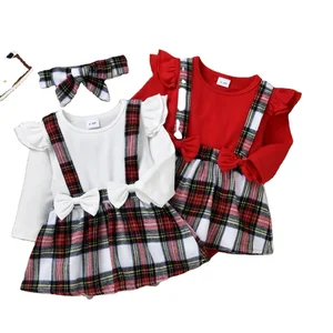 2022 Autumn Newborn Baby Girls Bodysuit Long Sleeve Round Neck Plaid Patchwork Romper Dress Headband 2PCS Infant Clothing