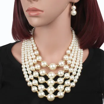 Factory Wholesale African Jewelry Sets Luxury Fashion Multilayer Imitation Pearl Statement Women Necklace and Earring Sets