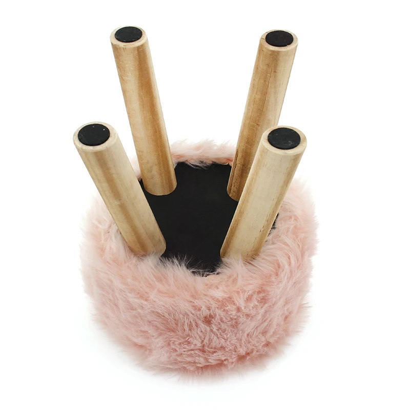 HStex 2020 Living Room Furniture Fake Fur Wood Round Sitting Stools with Wooden Legs Shape pink Ottoman