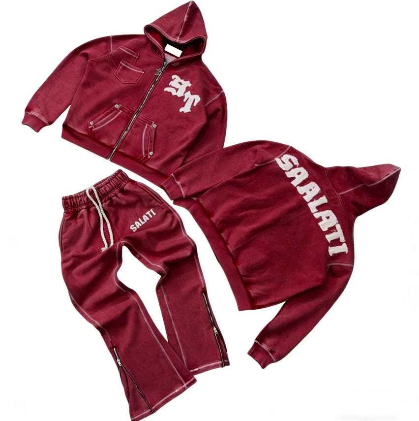 SALATI OEM Acid Wash Vintage Applique Letter Tracksuit Men Streetwear Distressed Patchwork Hoodie and Sweatpants Set Sweatsuit gallery 10