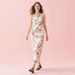 Women's Elegant Summer Maxi Floral Dress Sleeveless Satin Stand Mock Neck One Shoulder Casual Style for Cocktail Parties