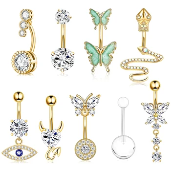 A Set 316L Steel Gold Butterfly Dangle Body Piercing Navel Ring Stud Jewelry Round Cubic Zirconia Inlay Add on Charm Belly Ring