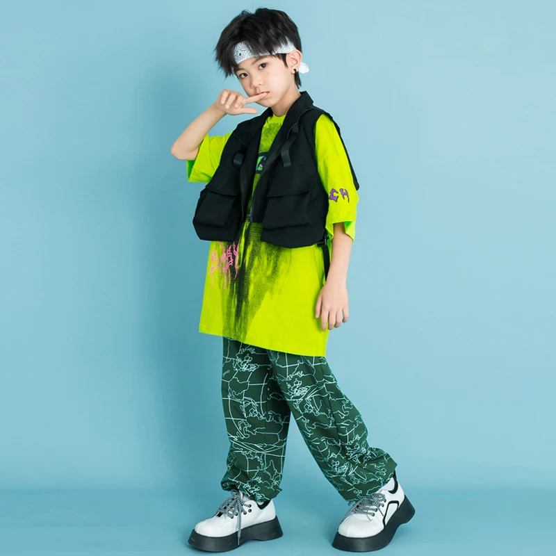 Kids Ballroom Hip Hop Clothing Black Cargo Vest Top Print Joggers