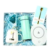 Blue-Heating cup with spoon+flower+vacuum cup