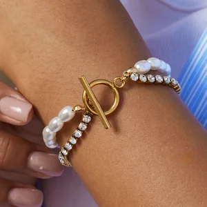 MW Exquisite 18K Gold-Plated Stainless Steel Bracelet Trendy Double-Layer Chain with Rhinestones & Glass Pearls OT Buckle-Gift