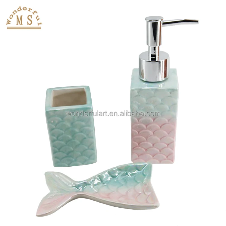 Shiny Glazing Ceramic Mermaid Scale Soap Dispenser Lotion Dispenser Brush Holder Ocean Style Bathroom Sets Suit for Homeware