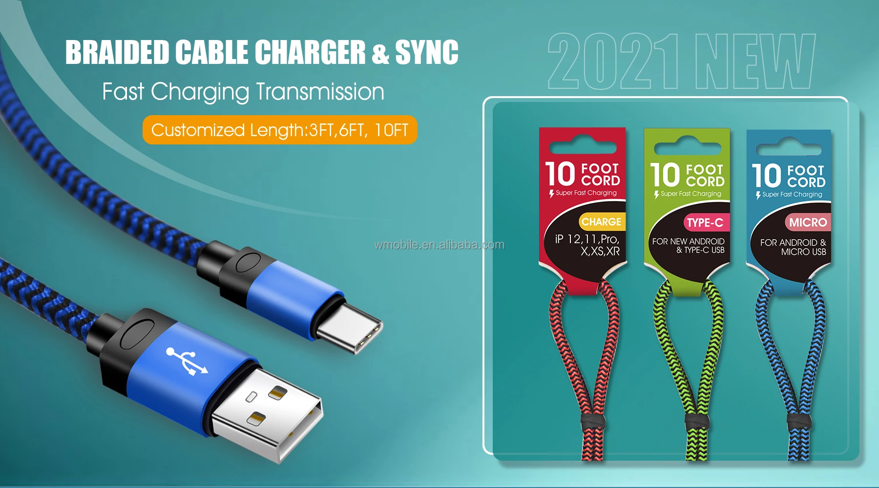 Charger Cable 10 Feet Nylon Braided Phone Charging Cable 10 Ft For