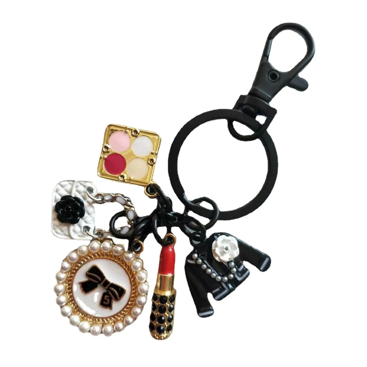 asleepingsheep Camellia Flowers Bag Charm Keychain Key Ring Car Charm Black.White Handmade New