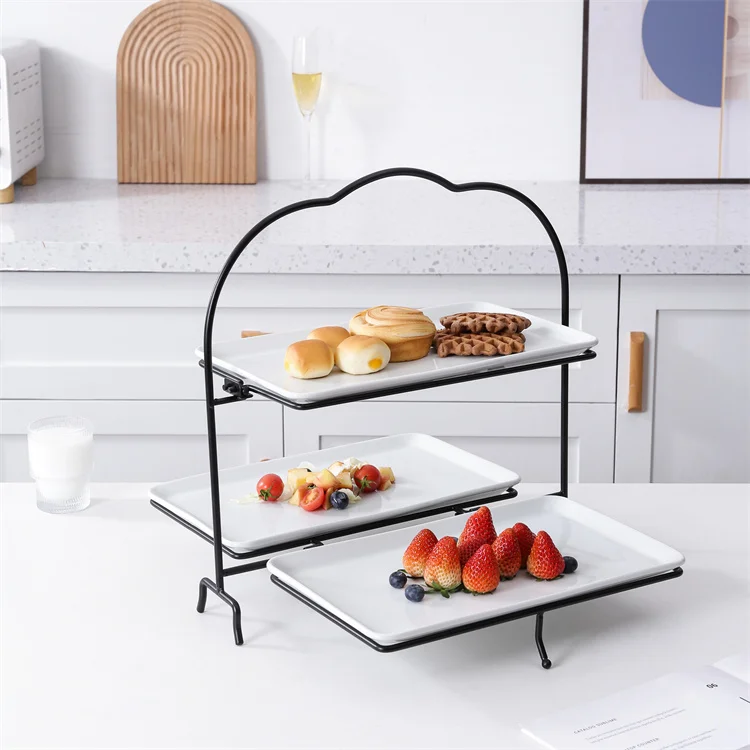 Popular Item 3 Tier Rectangular Serveware Ceramic Tray Dishes Plates Platter Ceramic Plate with Iron Stand