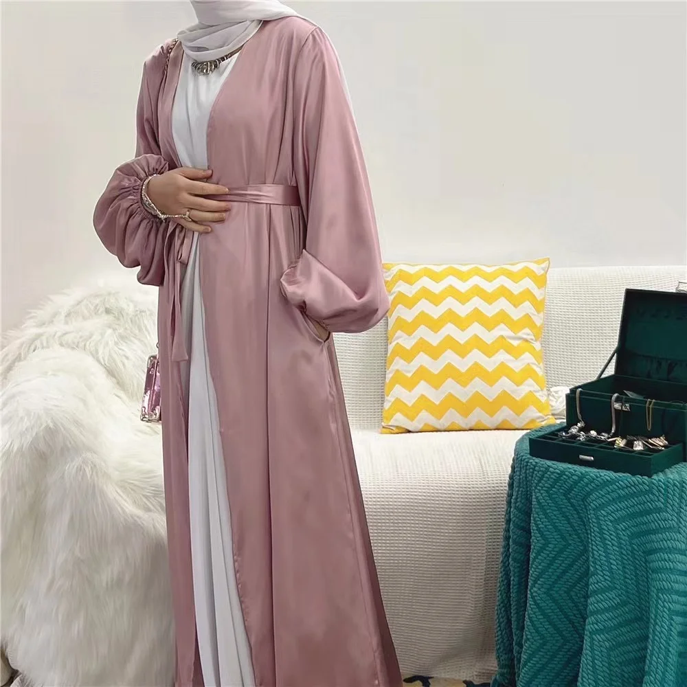 Satin Open Abaya Kimono Turkey Bubble Sleeve Abayas for Women Dubai Dress Islamic Clothing Modest Outfits Kaftan