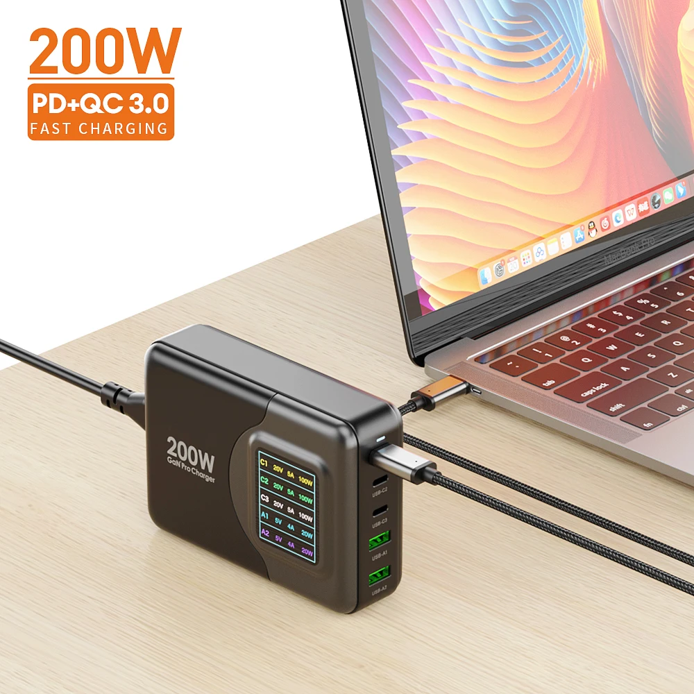 GaN Tech 200W LED Intelligent Digital Display USB Charging Station PD Fast Charger for MacBook Pro/Air for iPhone 13 12 Pro Max
